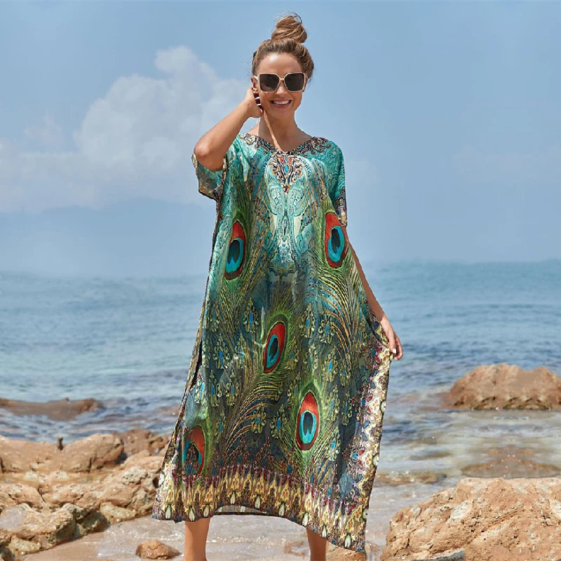 

2022 Quick-drying Bikini Cover-ups Bohemian Print V-neck Summer Dress Beach Tunic Women Beachwear Kaftan Swimsuit Cover Up Q1173