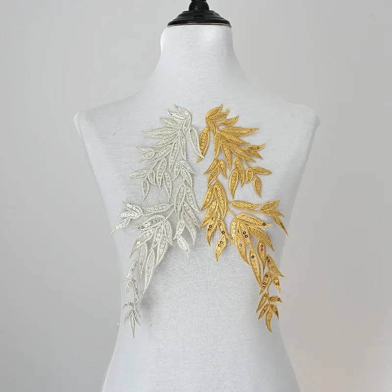 Одна пара золотых бамбуковых листьев вышивка кружевная Аппликация Свадебное