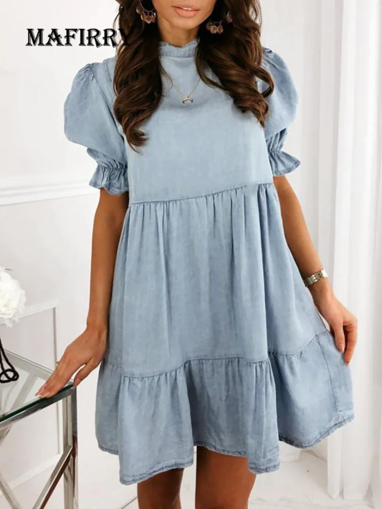 

Round Neck Butterfly Sleeve Party Dress Denim Style Elegant Female Summer Mini Dress Women Solid Casual Streetwear Ruffles Dress