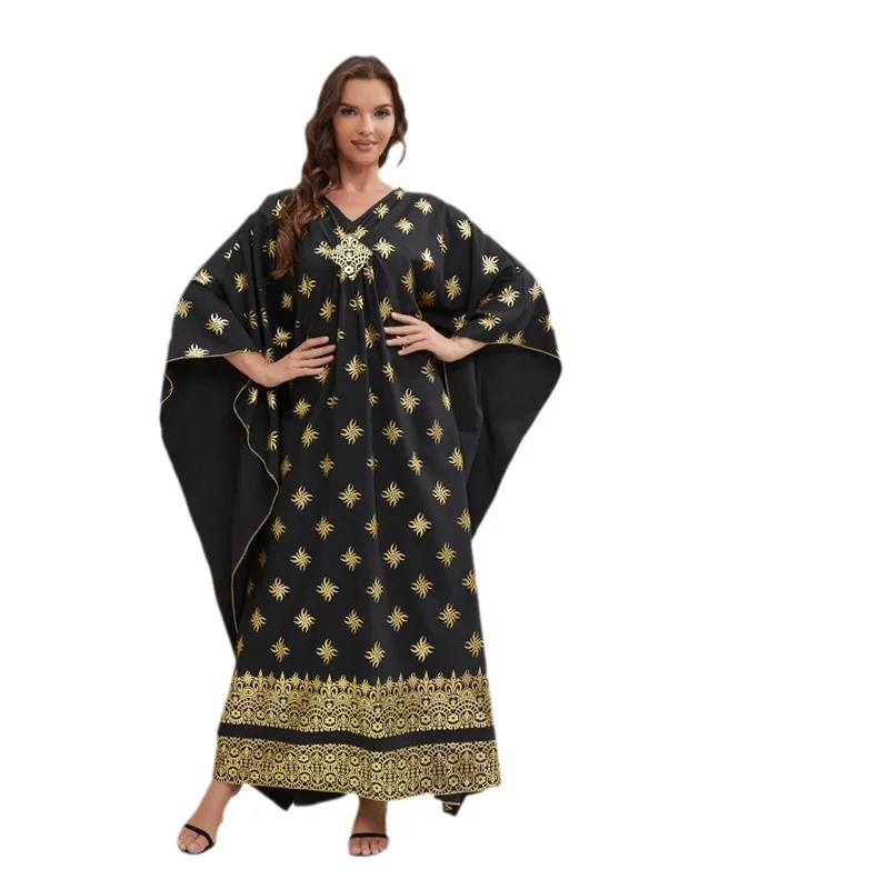 Muslin Dress Abaya With Bat Sleeves Summer Gilded Oversized Long Dress Loose Fitting Casual Robe Dress Dubai Islam Saudi Arabic