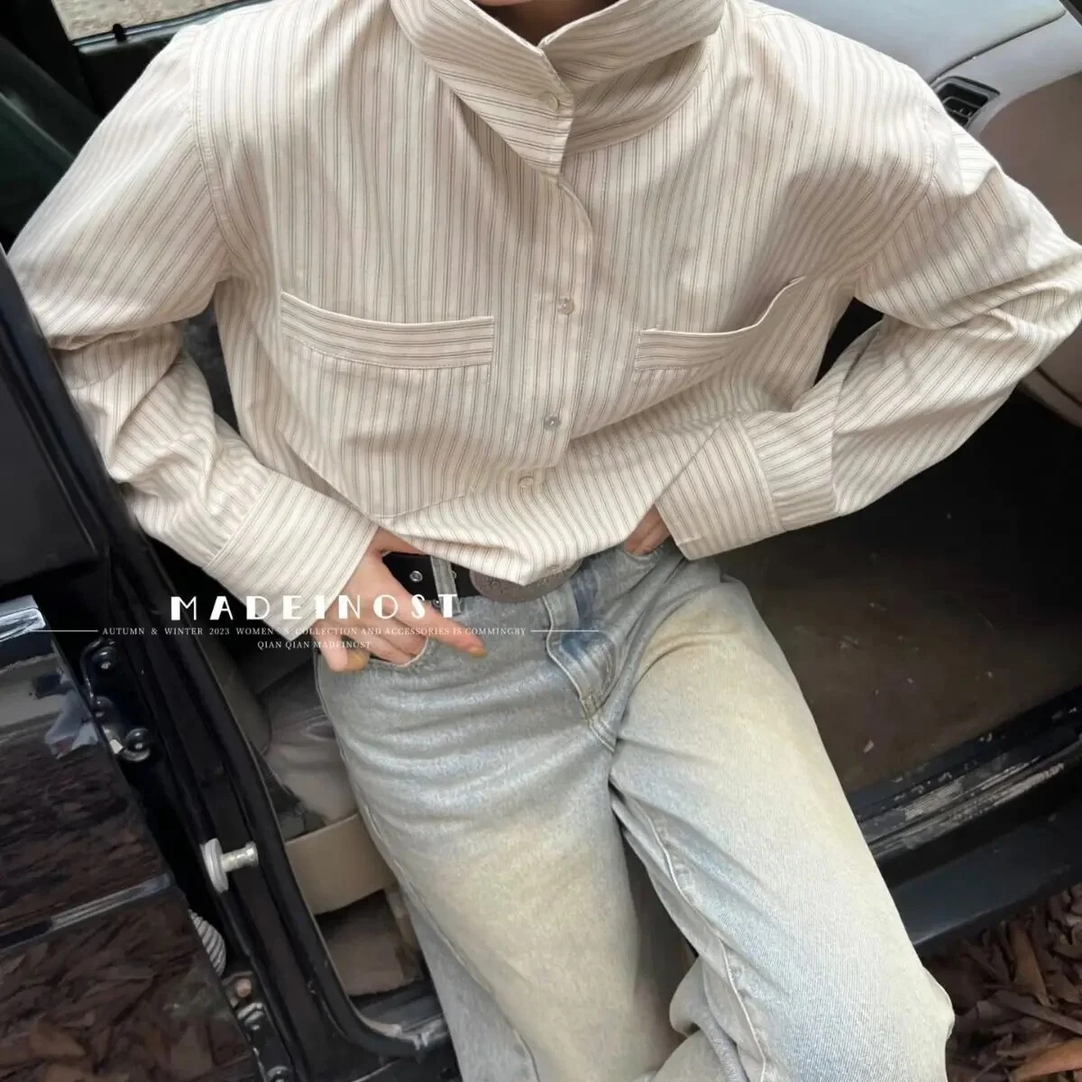 Осенняя двухсекционная элегантная рубашка в полоску стиле ретро свободный