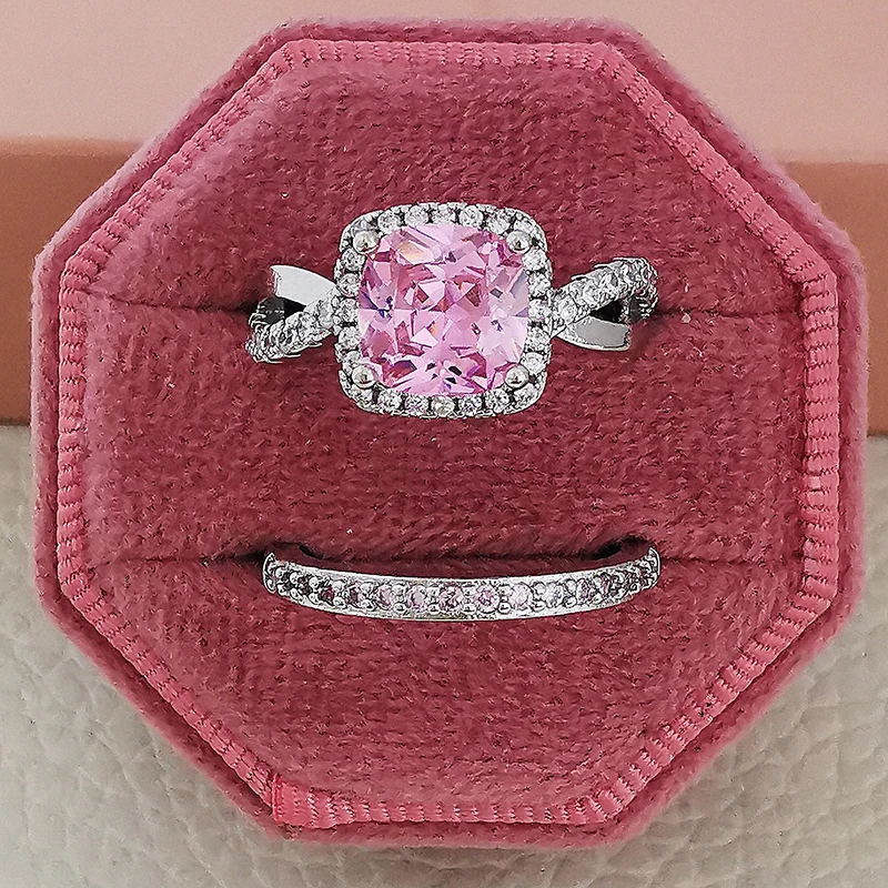 

2022 NEW silver color bride Wedding Ring Set for Women Bride Engagement Fashion Jewelry Bands Eternity Gift R6994-PINK