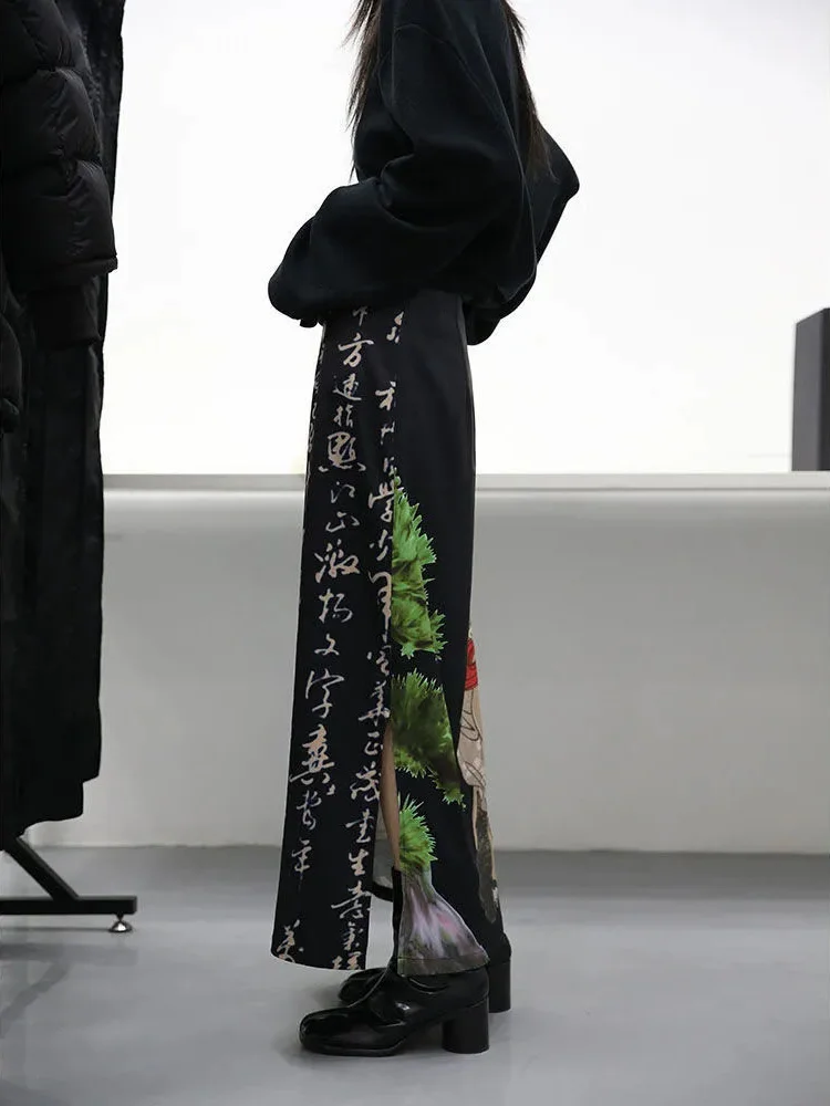 

Tie Dye Black Print Skirts Womens A-line Split Long Skirt Harajuku Japanese Streetwear Gothic Faldas Largas Mujer 2022 Fairycore