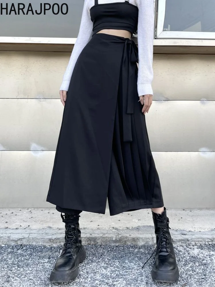 

Pants Harajpoo Women Black Fake Two Piece Culottes Stretch Waist Irregular Casual 2022 New Solid Bandage Skirt Wide Leg Trousers