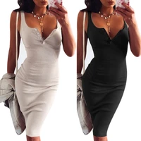 slim fit sexy knee length dress bodycon slim solid color sleeveless women hot sell fits u neck