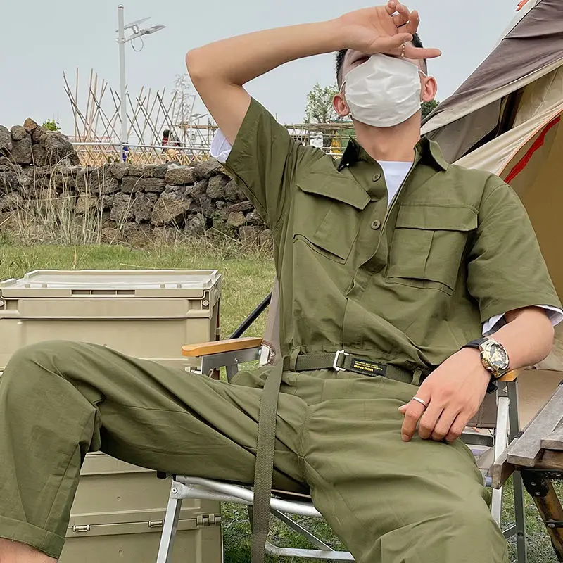 

Japanese Ami Khaji Overalls Men Cargo Pockets Overalls Couple Loose Straight Casual Sashes Trousers Jumpsuit Bf Loose Top Pants