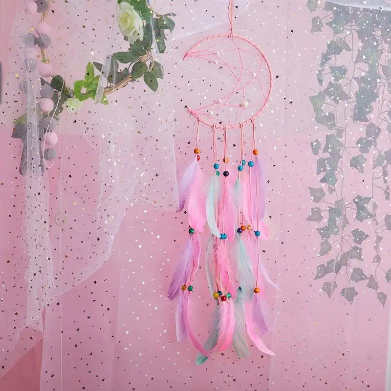 

Moon Dreamcatcher Indian Style Handmade Wind Chimes Wall Ornament Girls Room Decoration Feather Dream Catcher Ornaments Gift 4W