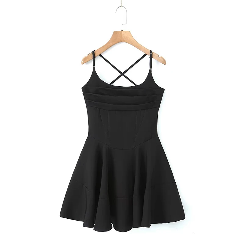 

YENKYE 2023 Women Fashion Cross-Back Straps Backless Sling Mini Dress Sleeveless Hem Swing Female Sexy Dresses Party Skater Robe