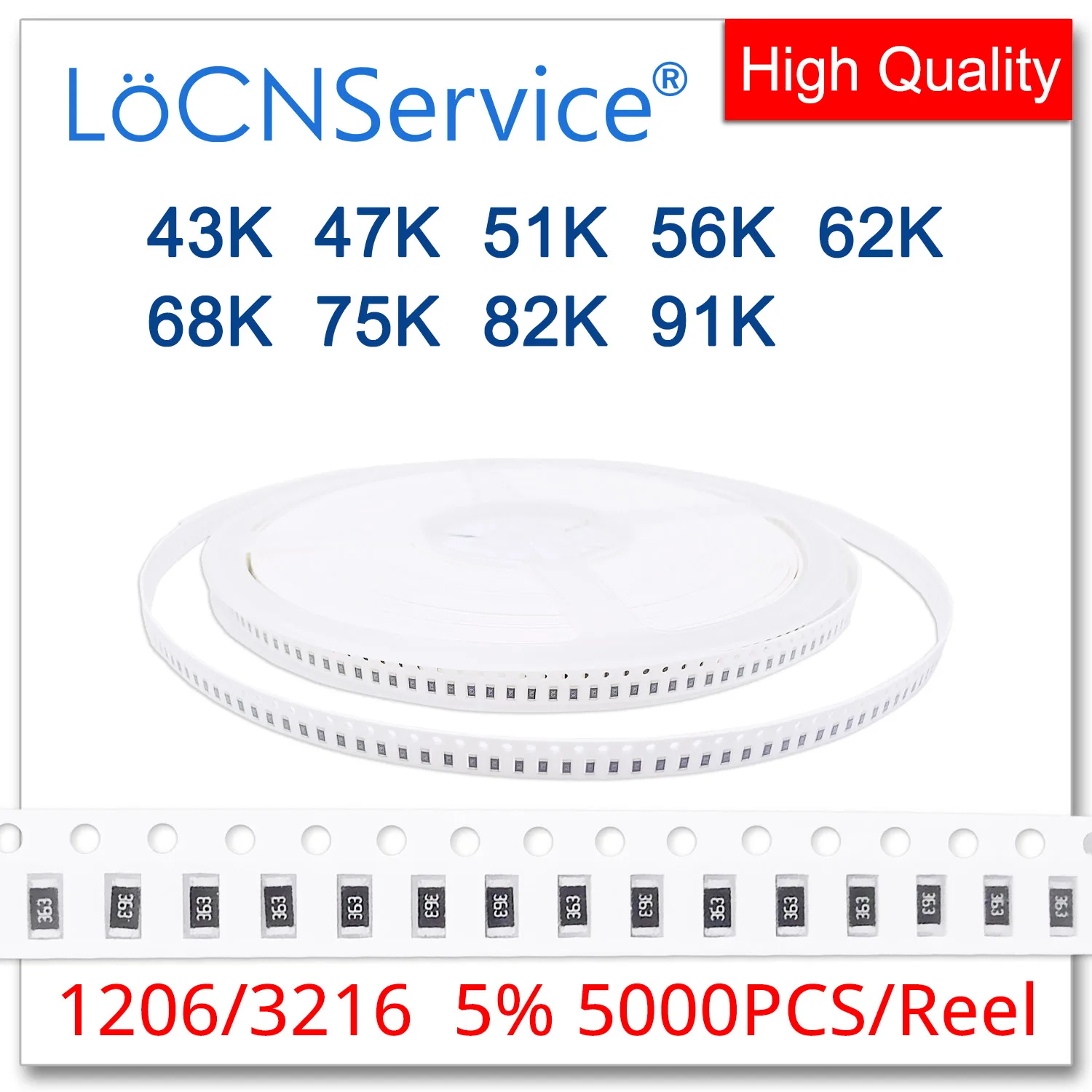 

LoCNService 1206 J 5% 5000 шт. 43K 47K 51K 56K 62K 68K 75K 82K 91Ksmd 3216 резистор OHM 433 473 513 563 623 683 753 823 913