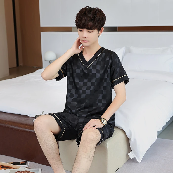 Men's Pajamas 2022 Summer Stripe Silk Short Sleeve Tops Shorts Suit Man V-neck Pullover Simple Luxury Pyjamas Men Sleep & Lounge