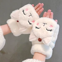 cute cat bear rabbit fur mittens women winter gloves for women girls animal ear flip plush glove fingerless thicken warm mitten
