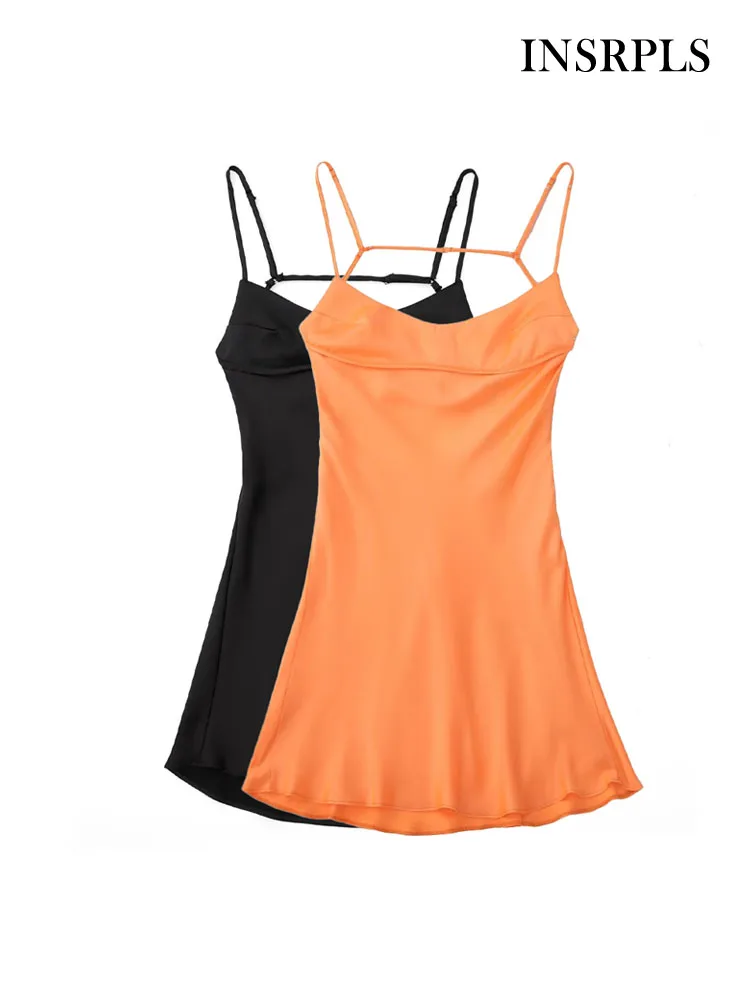 

INSRPLS Women Fashion Satin Cut Out Mini Dress Vintage Backless Side Zipper Thin Straps Female Dresses Vestidos Mujer