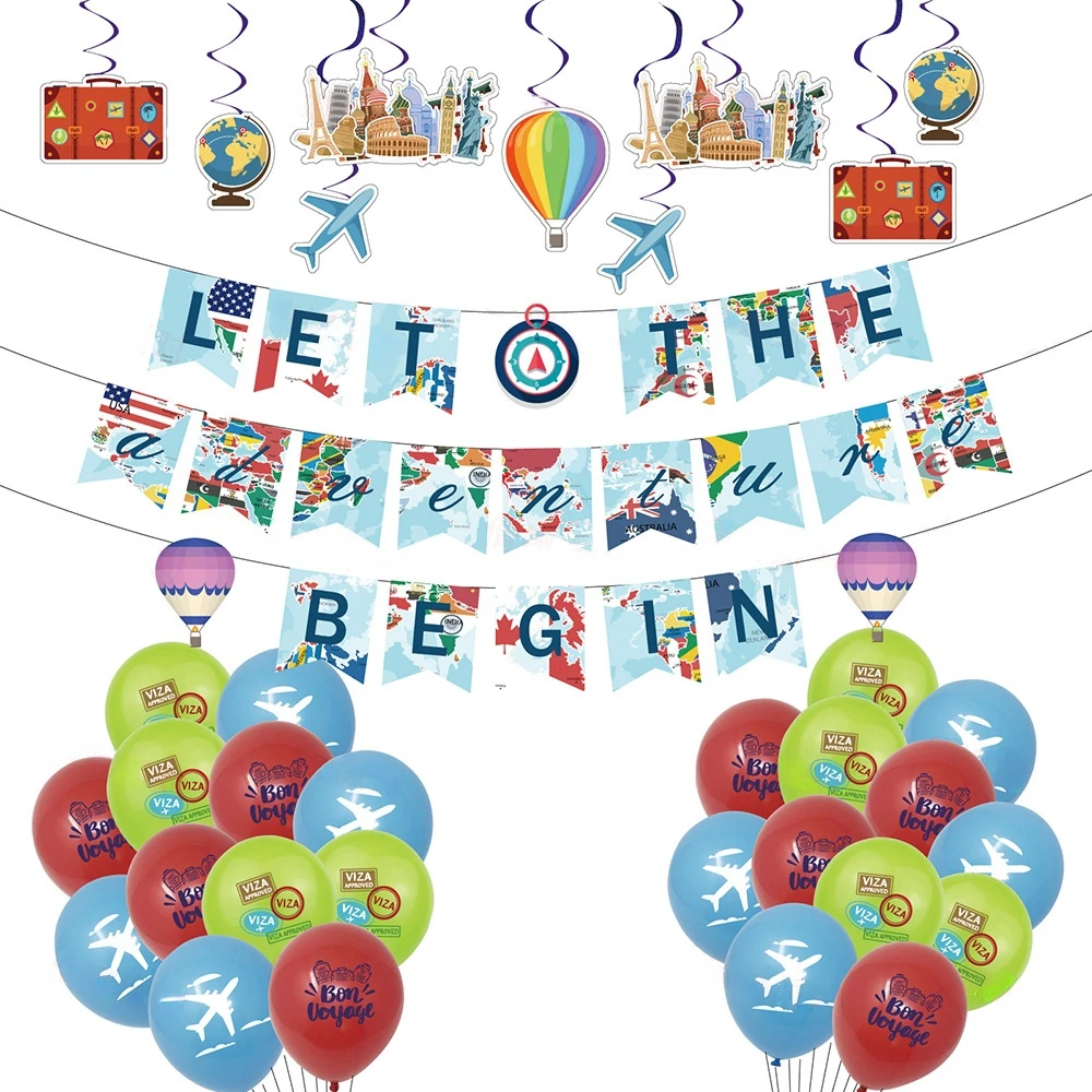 

Набор воздушных шаров JOLLYBOOM для темативечерние вечеринки в путешествиях, синие, зеленые, красные, пусть Приключения начнут баннер, висящий з...
