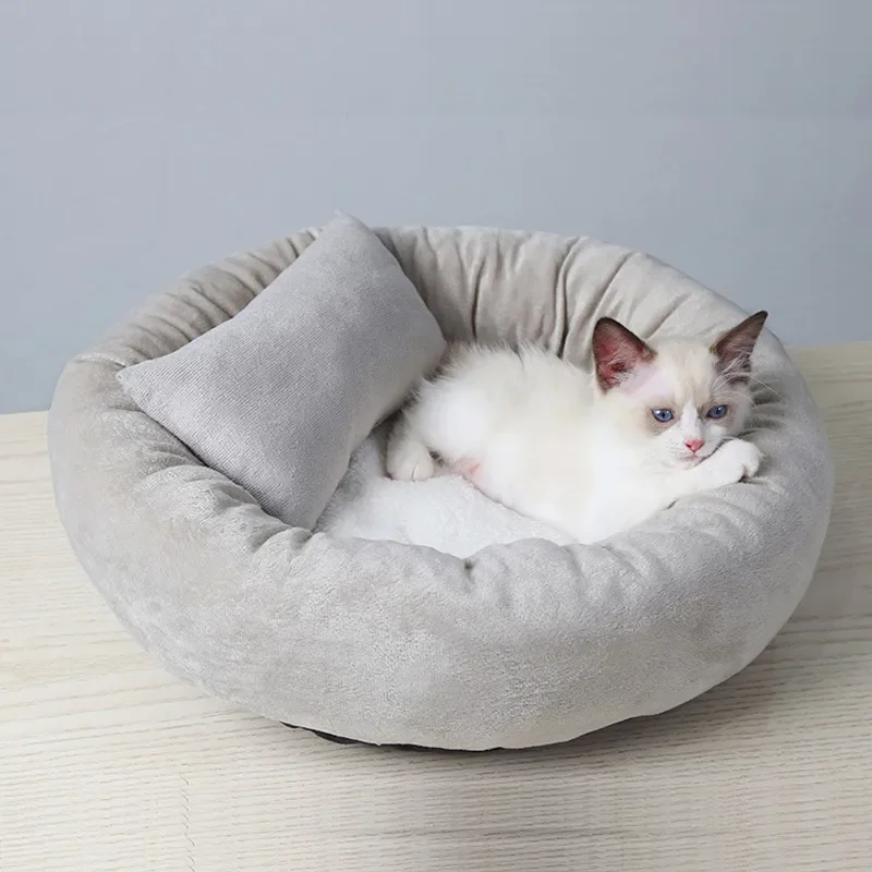 

2023 Cat Bed Short Plush Round Bed for Cats Small Dog Warm Pet Nest With Pillow Puppy Kennel Sofa Kitten Cave Cushion Cat Access