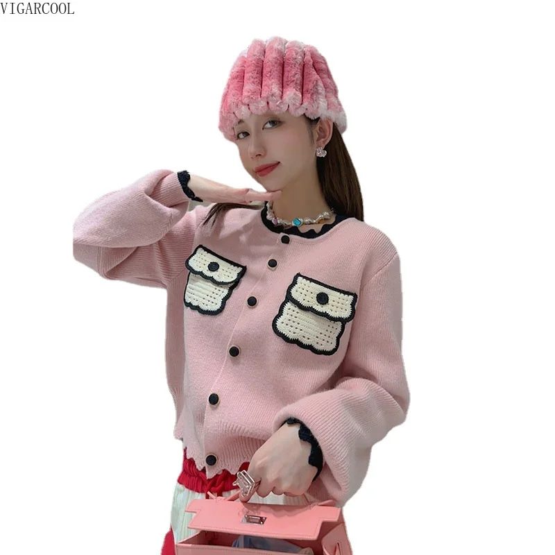 

French Style Sweater Women's Spring and Autumn Seasons Loose Pink Age Reducing Design Sense Small Number Knitted Cardigan Coat