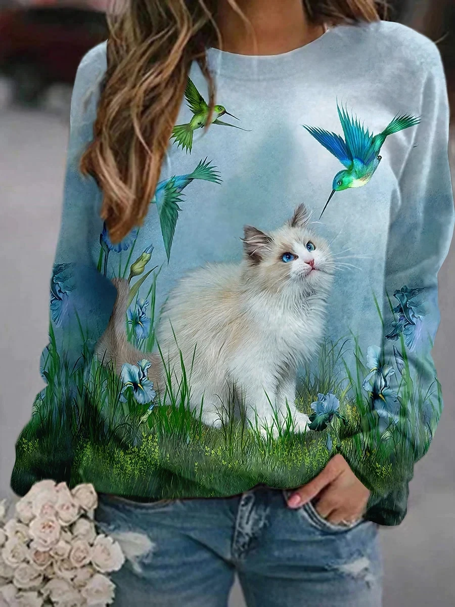

Christmas Women Casual Clothes Fashion 3D cat print Hoodie Winter Women's O-Neck New Printed Sweatshirt Christmas Pullover