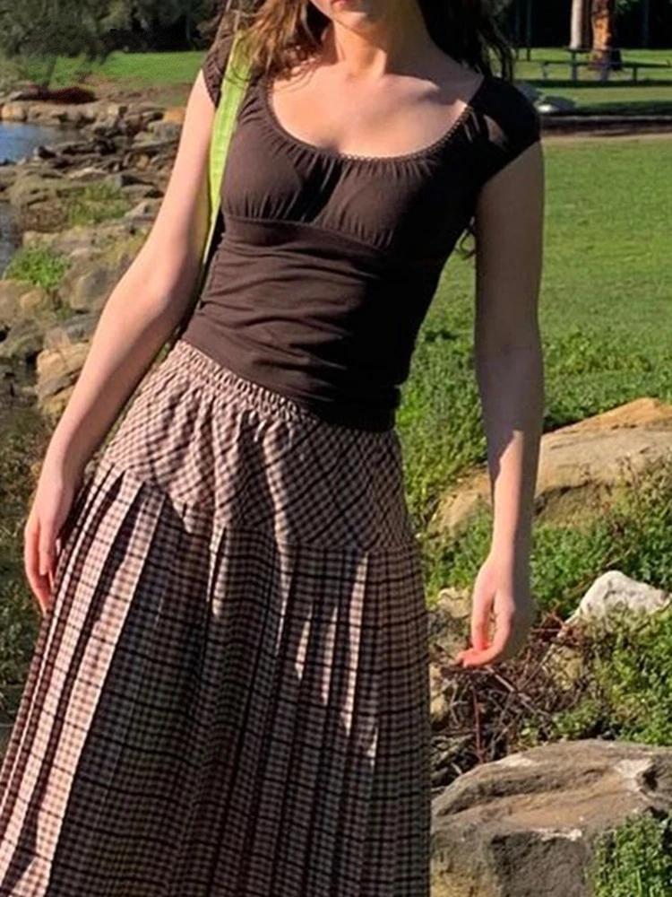 

Jielur Y2k Brown Crop Top Frill Cute Short Sleeve t Shirt o Neck Basic Harajuku Casual Tee Women Summer Chic Tshirt Retro New