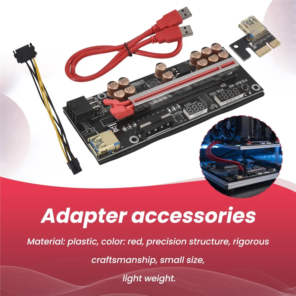 Фото (DT77) VER018 PRO PCI-E Riser Card USB 3.0 Cable 018 PLUS PCI Express 1X To 16X Extender PCIe Adapter for BTC Mining (красный) №2