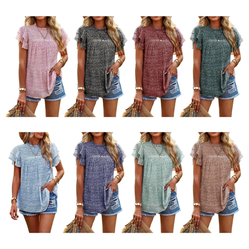 

Womens Casual Layered Ruffle Short Sleeve Loose Floral Shirts Summer Mock Neck Flared Hem Blouses Pullover Tunic Top