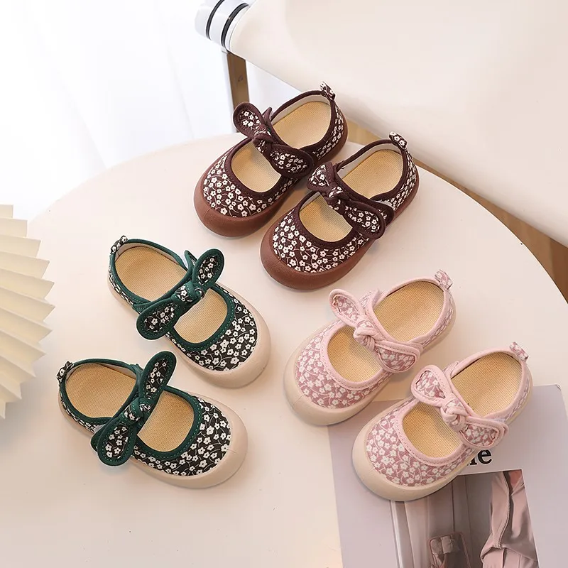 

Children Cute Girls Flowers Prints Canvas Shoes Bow Versatile Shallow Spring New Japanese Style Shallow Kindergarten Boat Shoes