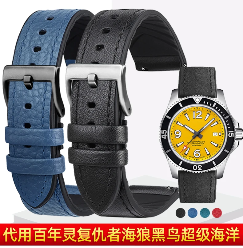 

Подходит для часов Breitling Avenger sea wolf blackbird super ocean cowboy blue и black кожаные часы с силиконовой основой 22 мм