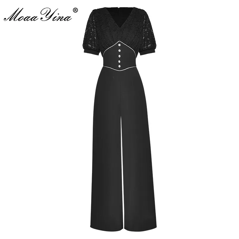 MoaaYina Designer 2022 Summer Women's Office Jumpsuit Fashion Lace Puff sleeve High waist Black Wide-legged Jumpsuits