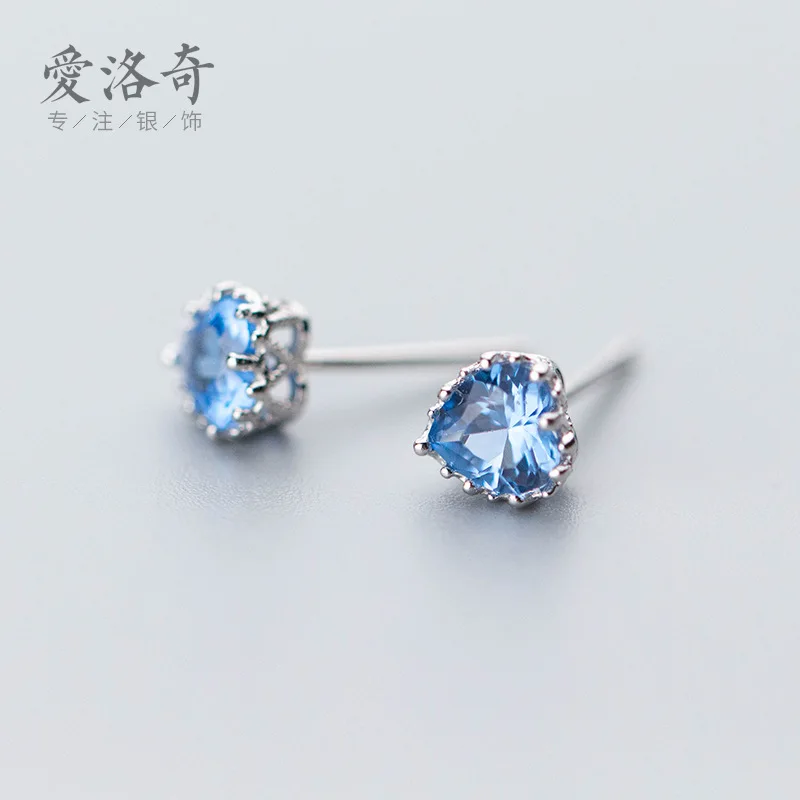 

s925Silver Stud Earrings for Women Korean Style Fashion Romantic Sea Blue Love Heart Stud Earrings Sweet Heart Ear Rings Women