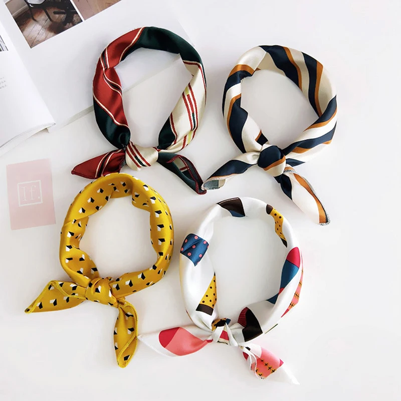 

Silk Scarf Women Design Print Square Scarf Hair Tie Band Elegant Vintage Skinny Retro Head Neck Silk Satin Scarf Spring Kerchief