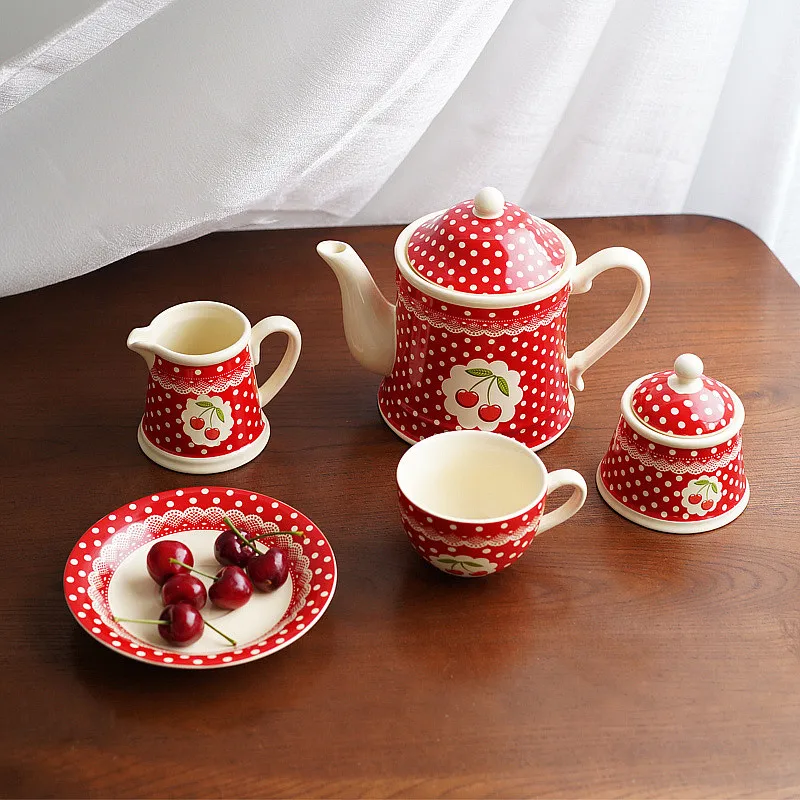 

Red Cherry Tea Set Porcelain Tea Cup Saucer With White Dot Teapot Milk Pot Sugar Container Salt Jar Oil Pot For Home Kitchen