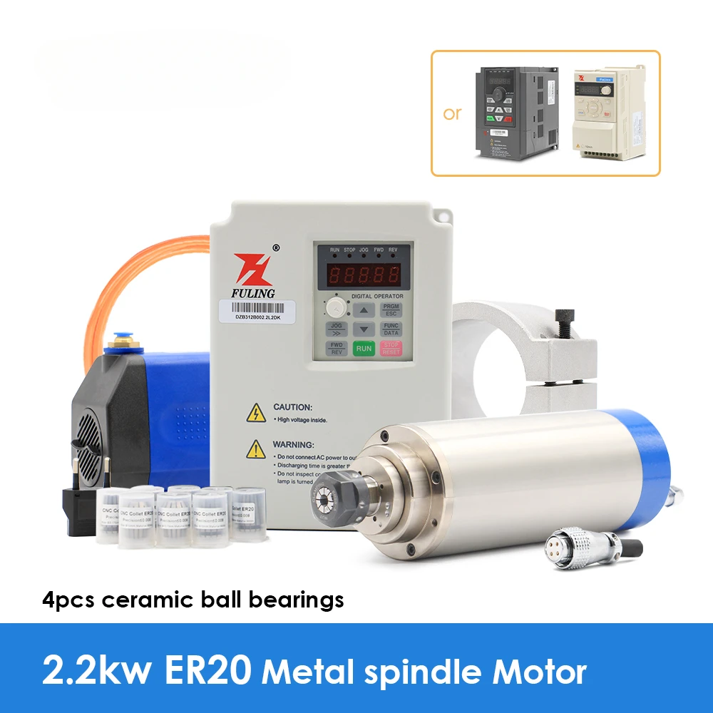 

Professional Metal Working Spindle 2.2kw Spindle Motor for Iron,copper,steel 800Hz Pole=4 & Fuling VFD & 85mm Holder & 75w Pump