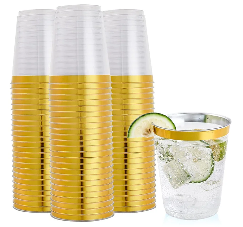 

Golden Plastic Cup 10 Oz Hard Disposable Cup Plastic Wine Glass Party Wedding Wine Glass Transparent Plastic With Gold Rim