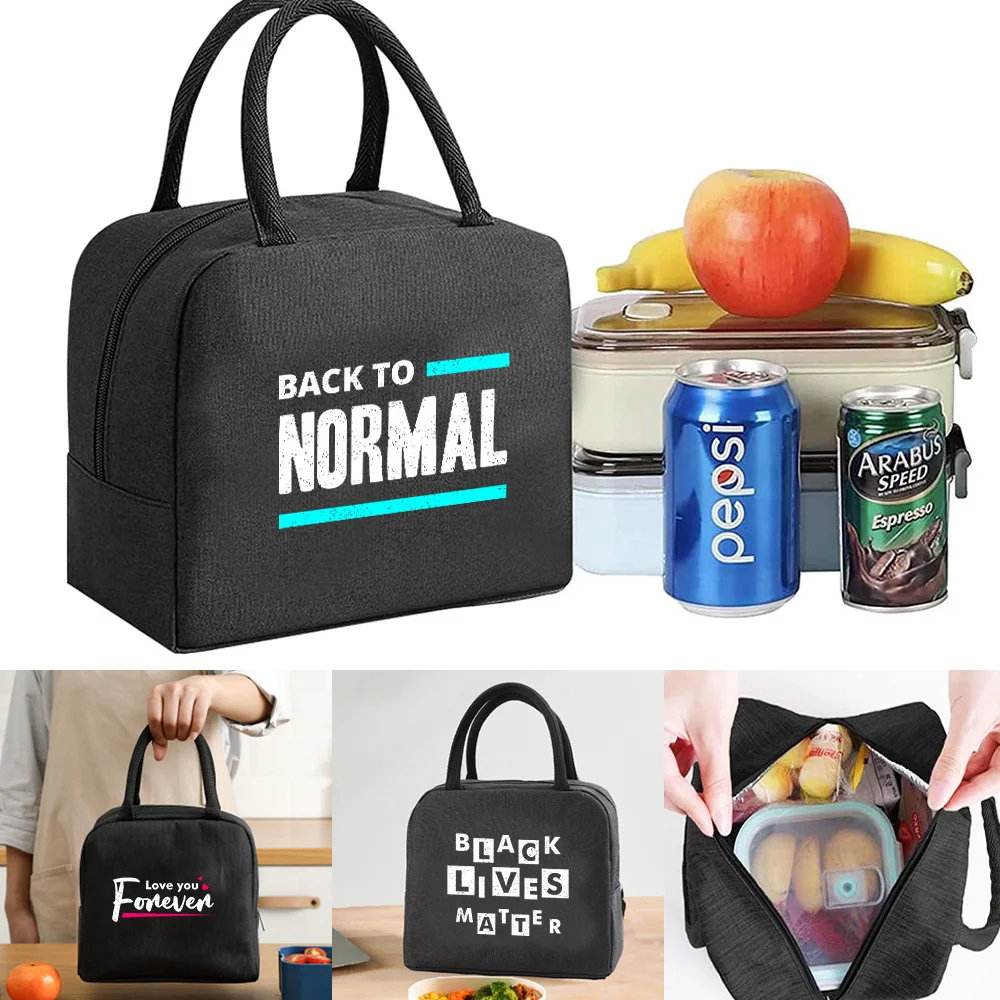 

Lunch Bag Women Picnic Portable Packet Lunch Cooler Pouch Kids Food Insulated Thermal Bags Organizer Phrase Print Canvas Handbag