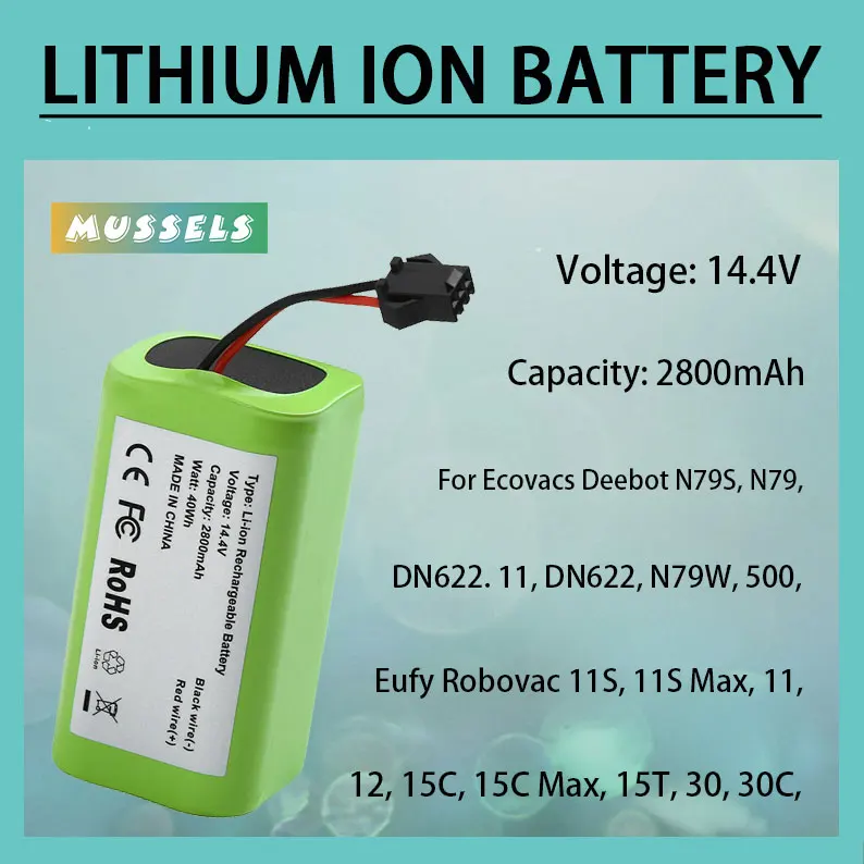 

14.4V 2800mAh 18650 Replacement Battery for Conga Excellence 990 Ecovacs Deebot N79S N79 DN622 Eufy Robovac 11 11S 12 15C 15S