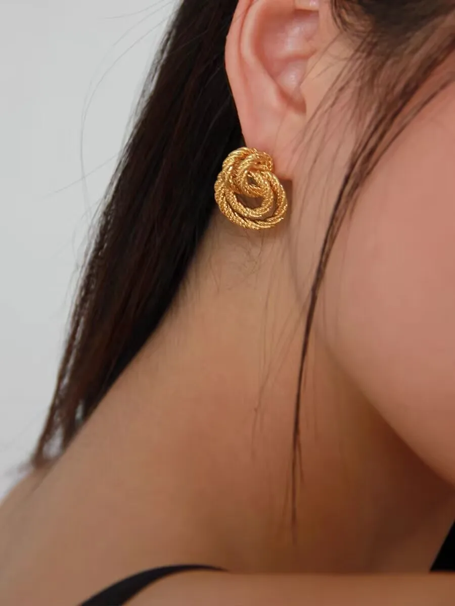 

18K Line Knot Stud Earrings Women Jewelry Punk Party T Show Gown Runway Trendy Korean Japan Israel Style INS
