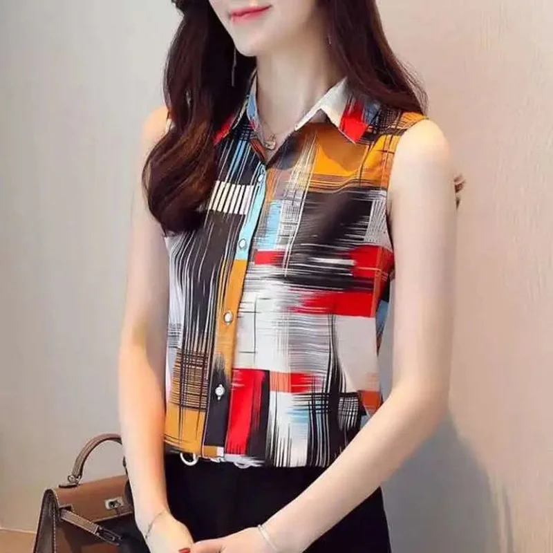 Fashion Lapel Printed Spliced Button Sleeveless Chiffon Shirt Women's Clothing 2023 Summer New Casual Tops Office Lady Blouse