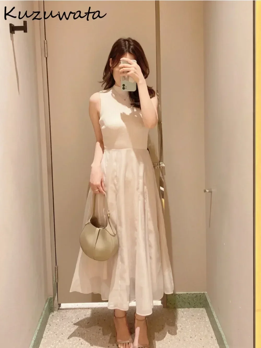 Kuzuwata милые элегантные платья средней длины без рукавов с круглым вырезом вязаный