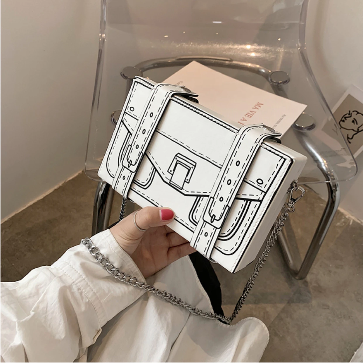 

Black and White Box Design Women Casual Purses and Handbags Fashion Clutch Bag Shoulder Chain Bag 2021 Crossbody Bag Pu Leather