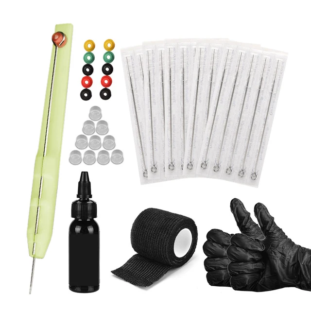 

Hand Poke Stick Tattoo Kit DIY Tattoo Ink Pigment Cups Gloves Tattoo Needles Set 3RL / 5RL / 7RL / 9RL Needles for Tattoo