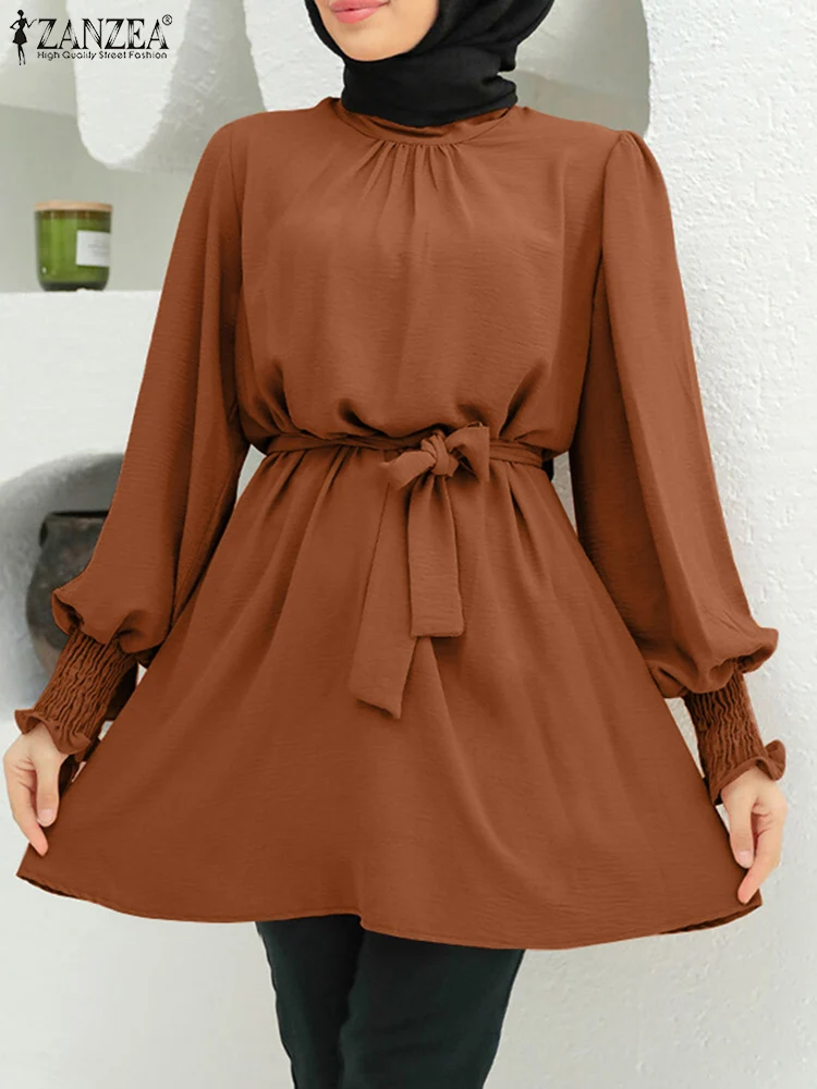 

ZANZEA 2022 Women Autumn Blouse Stylish Muslim Top Puff Sleeve Blusas Belted Pleated Tunic Turkish Chemise Casual Islam Clothing