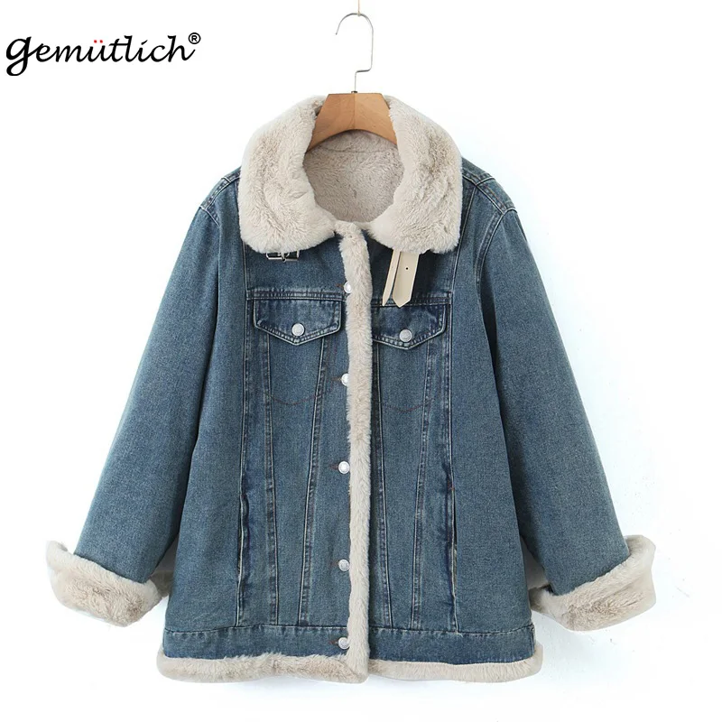 GEMUTLICH Women Plus Size Denim Jacket Autumn Winter Thick Warm Outwear Fur Liner Stand Collar Bike Coat High Quality XL-4XL New
