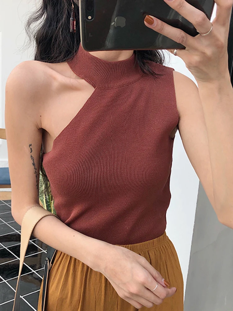 2022 Summer Sexy Off Shoulder Tank Tops Women Fashion Solid Color Beige Black Female Sleeveless Knitted Crop Top Casual images - 6