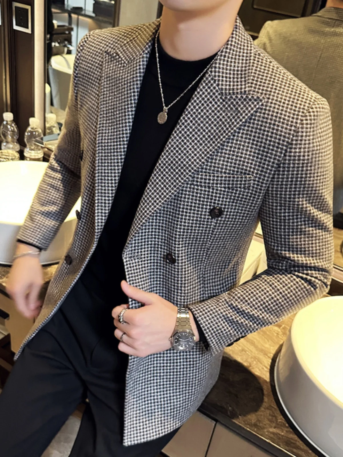 Двубортный повседневный костюм с узором гусиные лапки мужская куртка