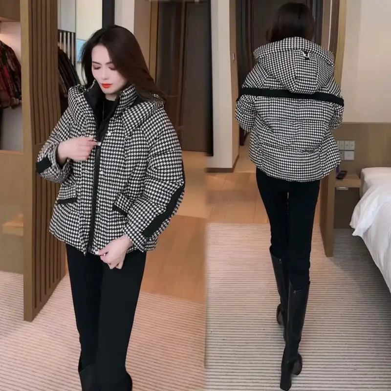 Пуховик контрастного цвета с узором гусиные лапки женская одежда на хлопковой