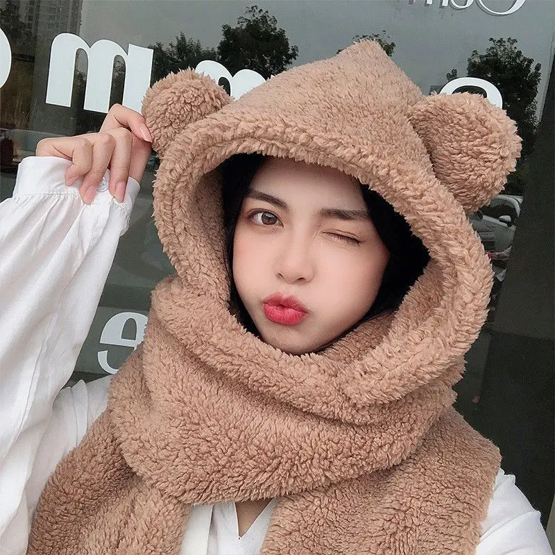 

Cute Balaclava with Ear Winter Hat Women Girl Hood Beanies Caps Bear Ear Thick Plush Hat Scarf Gloves Set Solid Color Gift 2022