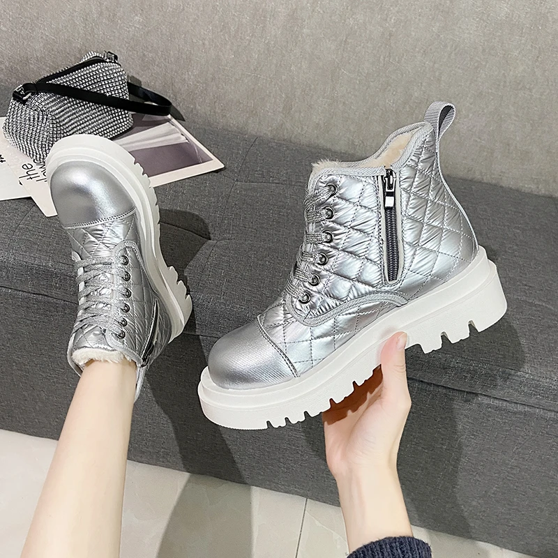 

Fashion Zipper Plush Warm Female Cotton Shoes Winter Thicken Anti-Slip Women Snow Boots Solid Platform Lady Short Boots Size 42