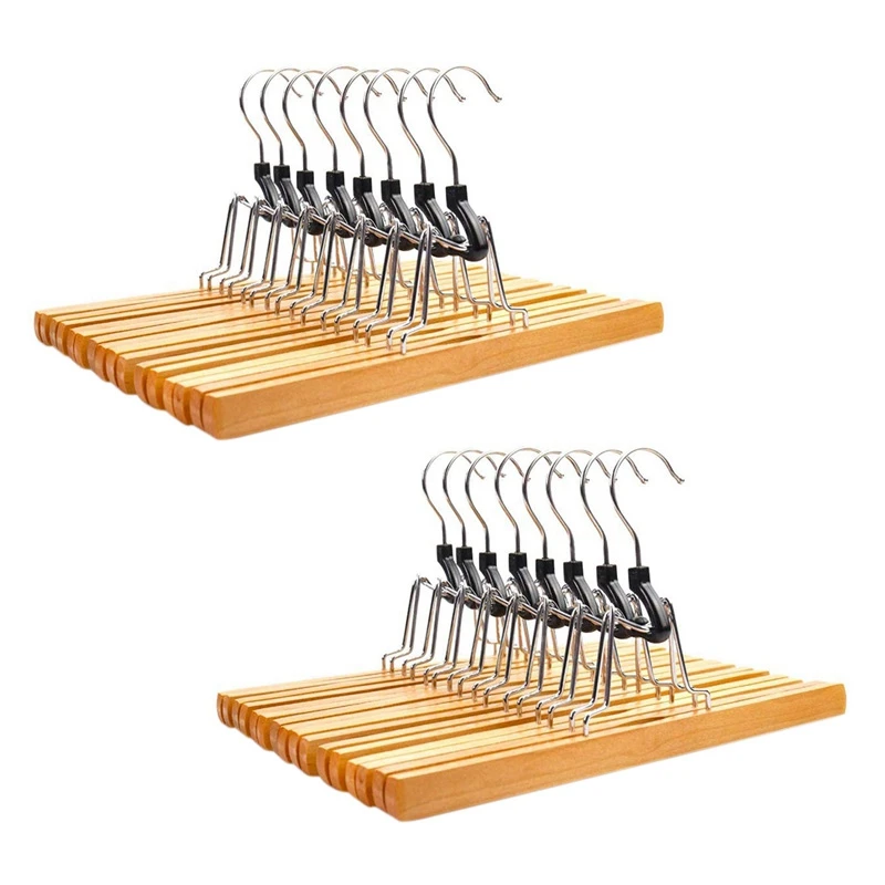 

16 Piece Wooden Series Slack Hangers Non-Slip Wood Pants Hangers With 360 Degree Rotation Anti-Rust Hook Clip Hangers