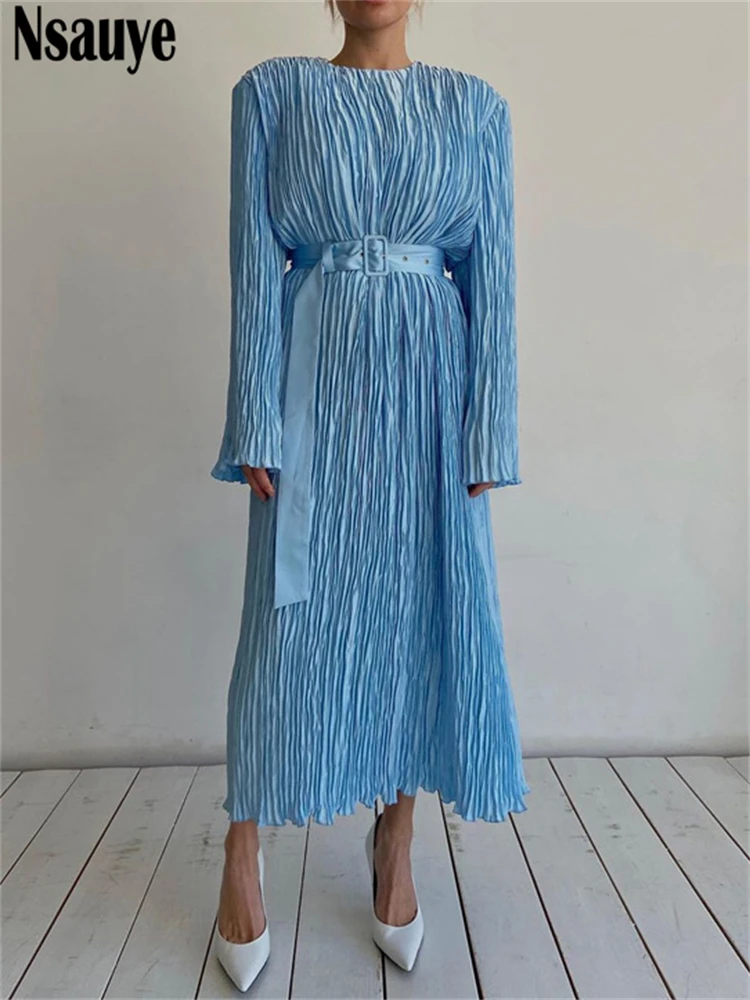 

Nsauye Sexy Maxi Bodycon Dress Women Long Sleeve Pleated Party Club Autumn Dress Wrap Fashion Outfits Plisse Casual Dresses
