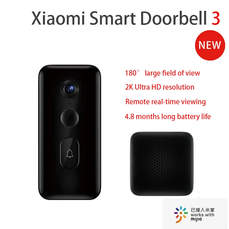 

2022 Mijia New Smart Doorbell 3 Camera Video 180° Field of View 2K HD Resolution AI Humanoid Recognition Remote Real-time View