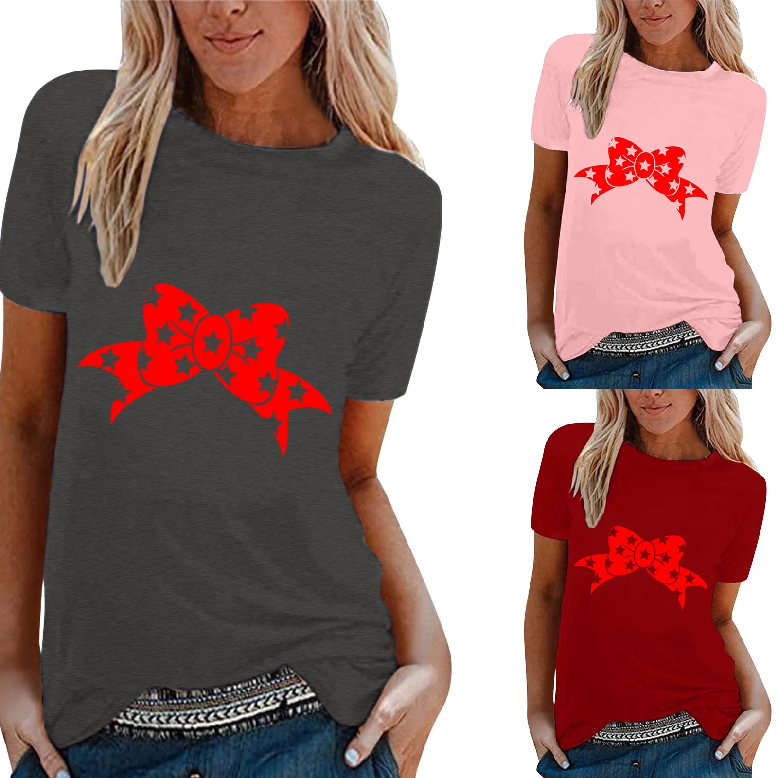 

Summer Tunics for Women Women's Casual Independence Day Printed T Shirt Short Sleeved Shirt Loose Woman T Shirt Casual