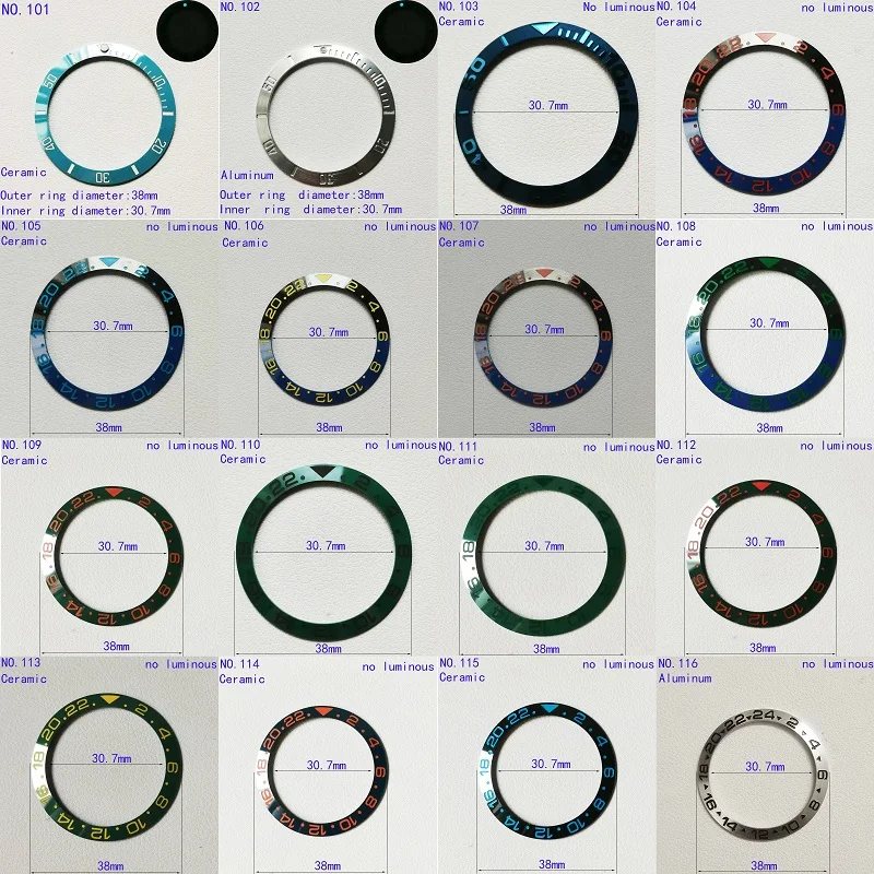 

New 38mm Ceramic Sloping Watch Bezel Super Luminous Inserts Fit 40mm Watch Case Parts Popular Item Inner Ring Diameter 30.7mm